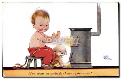 Criança e cachorro perto de uma lareira — Mabel Lucie Attwell — Edições d'Art-E.S.-Paris
