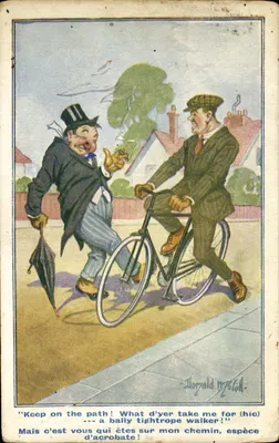 Acrobata em bicicleta — Donald McGill — Inter-Art Co. 'COMIQUE' Série N°2890
