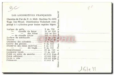 Locomotiva francesa — Chemins de Fer du P.O. Midi, n° 4203 — Type Ten-Wheel — Éditions d'Art, F. Fleury, Paris-XI — Verso