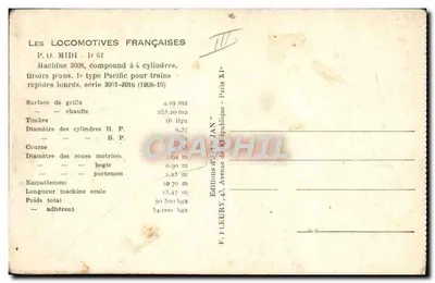 Locomotiva P.O. MIDI D 62 — Máquina 3008, composta com 4 cilindros, tipo Pacific — Edições F. Fleury, Paris — Verso