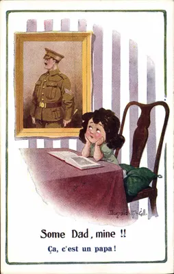 Criança olhando para um retrato de soldado — 'Some Dad, mine !!' — Donald McGill, série COMIQUE, n° L467