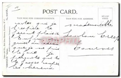 Criança olhando para um retrato de soldado — 'Some Dad, mine !!' — Donald McGill, série COMIQUE, n° L467 — Verso