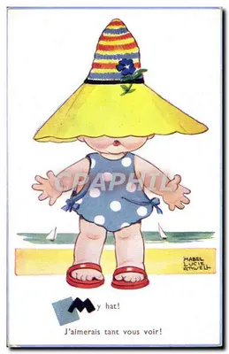 Criança com chapéu de palha — ilustração de Mabel Lucie Attwell — editor Valentine's Postcards