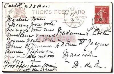 冬の風景の中、2人の子供がソリに乗っている — 署名入りの絵「リレット」 — Tuck's Post Card — 裏面
