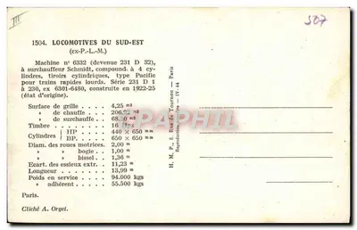Lokomotywy Południowego Wschodu — Maszyna nr 6332 (dawniej 231 D 32) — H. M. P. 8, Rue de Tournon — Paryż — Rewers