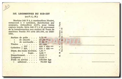 Locomotiva 240 P 4 — Sud-Est (ex-P-L-M) — H. M. P., Paris — Verso