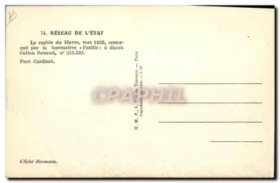 Rápido de Le Havre — cerca de 1935 — rebocado pela locomotiva « Pacific » com distribuição Renaud, n° 231.523 — H.M.P. Paris — Verso