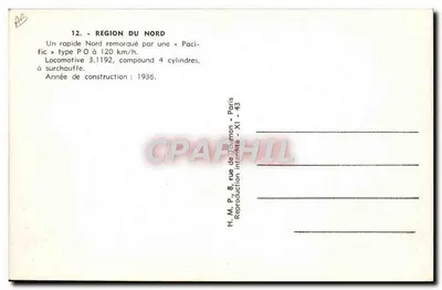 Train rapide Nord — locomotive 3.1192 — éditeur H.M.P. Paris — Verso