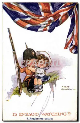 Criança em uniforme britânico e criança em uniforme marítimo — sob bandeira britânica — Fred Spurgin — 'Is England Watching?' / 'L'Angleterre veille!' — Inter-Art Co. 'Patriotic' Series I, No. 468