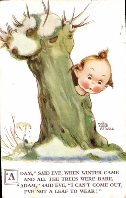 Adão e Eva em uma árvore desfolhada — ilustração de Mabel Lucie Attwell — Valentine's Post Card