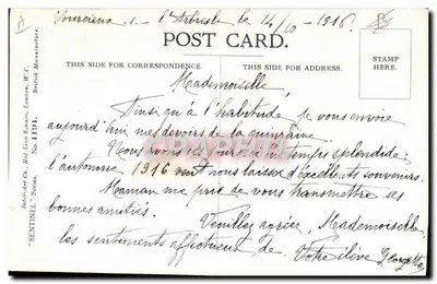 Kind in Militäruniform — Mädchen, das es betrachtet — Verlag Inter-Art Co. Nr. 1191 — Rückseite