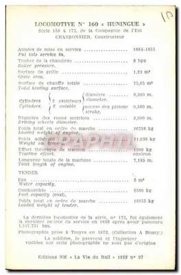 Locomotiva N° 160 « Huningue » — Série 158 à 173, Compagnie de l'Est — Edições NM « La Vie du Rail » n° 97 — Verso