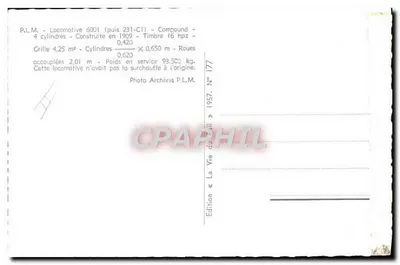 Locomotiva 6001 (depois 231-C1) — Compound — P.L.M. — Edição « La Vie du Rail » n° 177 — Verso