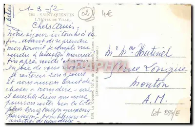 Hôtel de Ville de Saint-Quentin — Aisne — Éditeur La Cigogne, n° 884/E — Verso