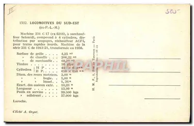 Locomotivas do Sudeste — Máquina 231 C 17 (ex 6216) — H.M.P. Paris — Verso