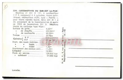 Locomotiva 231 H 141 — Sudeste (ex-PLM) — H.M.P. Paris — Verso