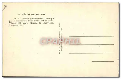 Trem Paris-Lyon-Marseille — Região do Sudeste — editor M.P. 8, Rue de Tournon — XI-44 — Verso