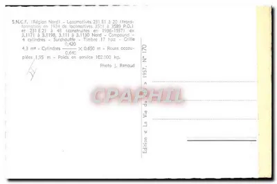 Lokomotywa 231 E1 à 20 — S.N.C.F. (Region Północny) — Wydanie « La Vie du Rail » nr 170 — Rewers
