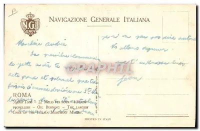 El transatlántico ROFIA — Navigazione Generale Italiana — Impreso en Italia — Reverso