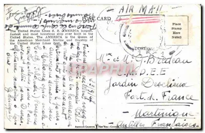 S.S. AMERICA — navio de passageiros da United States Lines — American Colortype, New York-Chicago — Verso