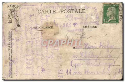 Soldat et char d'assaut — 108e Régiment de Chars, 5e Compagnie, 2e Section à Camp Châlons (Marne) — éditeur HALTE-LÀ! E.R. Paris — Verso