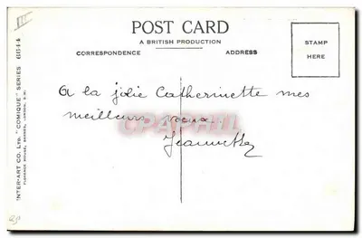 Família e cachorro carregando um grande doce — Donald-McGill — Série 6644 — Verso