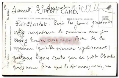 Kleiner Junge in militärischem Uniform — mit Feder schreibend — Fred Spurgin, Serie N.A. Nr.1004 — Rückseite