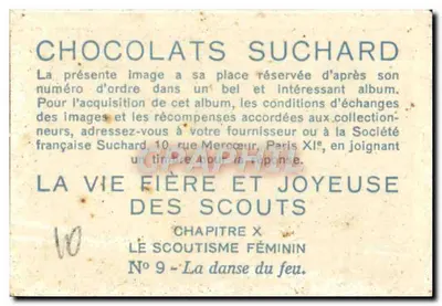 Das Feuer-Tanz — Mädchen-Pfadfinder — Chocolats Suchard, Kapitel X, Nr. 9 — Rückseite