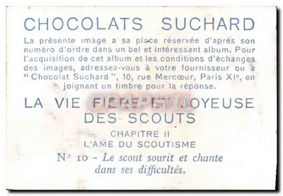 Scouts w górach — Rozdział II, N° 10 — Scout uśmiecha się i śpiewa w trudnościach — Chocolats Suchard — Rewers