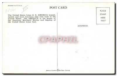 S.S. AMERICA — maior, mais rápido, mais luxuoso — American Color Type, New York - Chicago — Verso