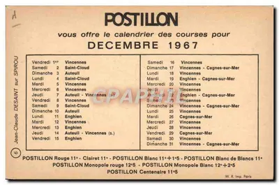 Corrida de cavalos em Vincennes — calendário das corridas para dezembro de 1967 — editor POSTILLON — Verso