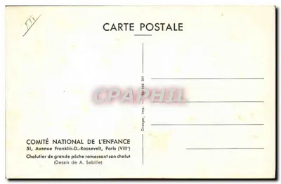 Navio pesqueiro de grande pesca recolhendo sua rede — Desenho de A. Sebille — Comitê Nacional da Criança — Verso