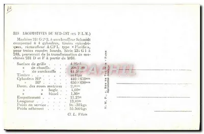 Locomotivas do Sudeste (ex P.L.M.) — Máquina 231 G 292, com superaquecedor Schmidt — H. M. P. & Fils de Toulouse, Paris — Verso