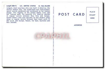 S.S. UNITED STATES — Nave principale delle United States Lines — Edizione Steelograph Inc., New York — Verso