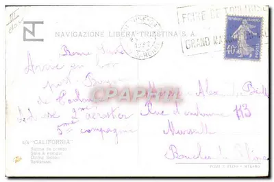 Salle à manger — Salle à manger du paquebot "Californie" — éditeur NAVIGAZIONE LIBERA-TRIESTINA S.A. — Verso