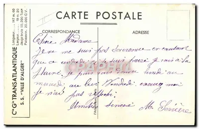 Le paquebot "Ville d'Alger" — le paquebot le plus rapide de la Méditerranée — Cie G. G. Transatlantique — Verso