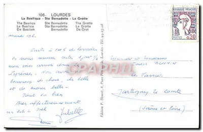 Bilhete postal moderno Lourdes A Basílica de Santa Bernadette — Verso