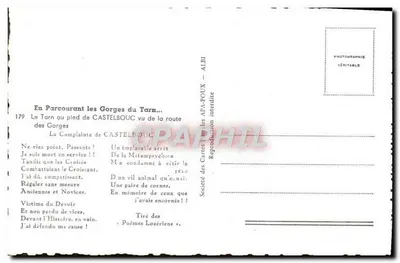Gorges do Tarn — Castelbouc — Sociedade das Cartas AFA-POUX, n°179 — Verso