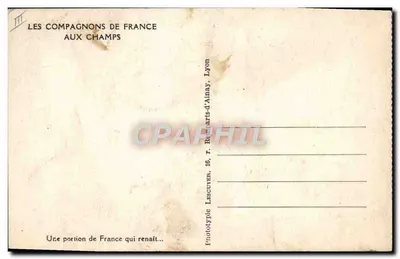 Dois jovens homens trabalhando com vacas — Os Compagnons da França nos campos — Fototipia Lescuyer, Lyon — Verso
