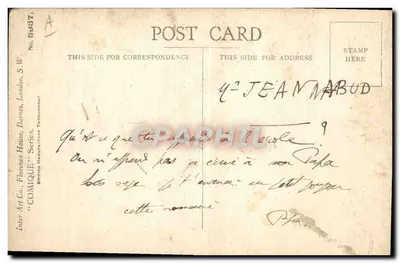 Dois homens em uma barca — caricatura humorística — Inter-Art Co. Florence House, Barnes, Londres, S.W. — N° 8937 — Verso