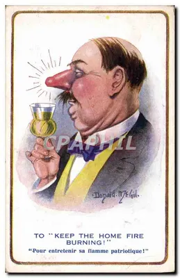 Caricatura de um homem com nariz alongado segurando um copo — Donald McGill — série Red Lion Square, n°1251