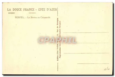Tarjeta postal antigua Sospel La Bevera al atardecer — Reverso
