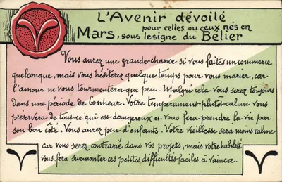 O Futuro revelado para aqueles nascidos em Março, sob o signo de Áries — Em Brocheriou & Cie, Imp. Edit. Paris, série 293