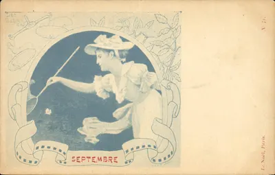 Mulher com chapéu pescando uma folha — Setembro — Le Noël, Paris, N° 41