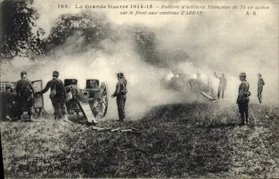 Bateria de artilharia francesa de 75 em ação — A Grande Guerra 1914-15 — nas proximidades de ARRAS — A.R. — n° 169