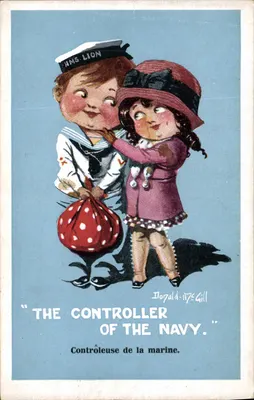 Criança marítima e criança em vestido — 'THE CONTROLLER OF THE NAVY.' — Inter-Art Co. British Line Series, n° 1357