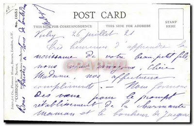 Criança em um balde — propaganda para o sabão — Inter-Art Co. Florence House, Barnes, London, S.W. — Série 'COMIQUE' n° 1651 — Verso