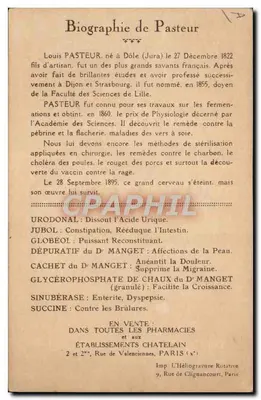 Pastor em seu laboratório — Centenário de Pasteur (Estrasburgo 1923) — Wagget, Coleção do Dr. Manget — Verso