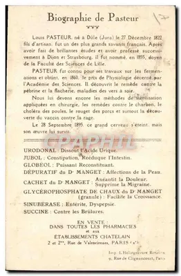Pastor em seu laboratório — Centenário de Pasteur (Estrasburgo 1923) — Oferecida pela Urodonal — Verso