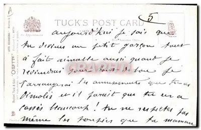 Niño con sombrero de tonto — ilustración de Agnes Richardson — Tuck's Post Card, serie 8670 — Reverso